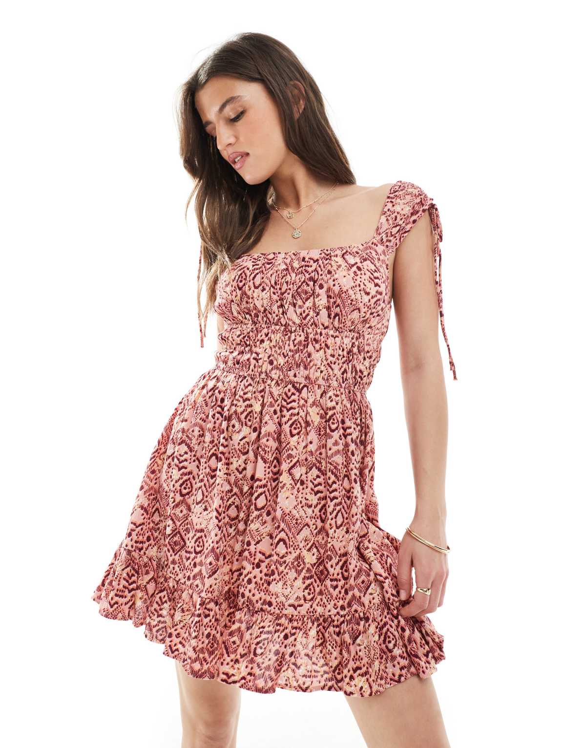 Stradivarius ruffle swing dress in red print