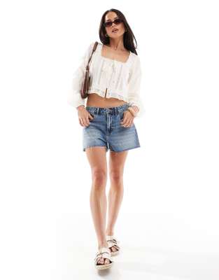 Stradivarius Ruffle Tie Front Long Sleeve Top In White