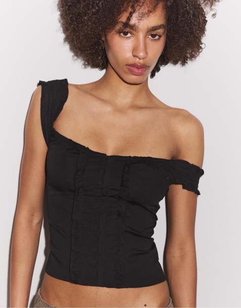 Stradivarius Ruffled corset top in black - view 1