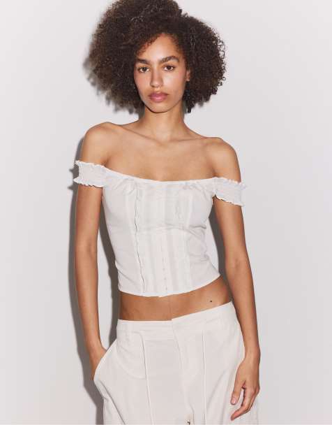 Stradivarius Ruffled corset top in ecru - view 1
