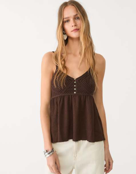 Stradivarius ruffled crochet top in brown - view 1