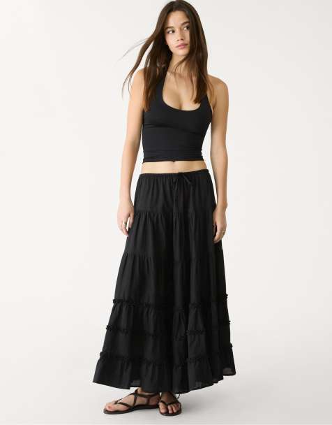 Stradivarius Ruffled long skirt in black