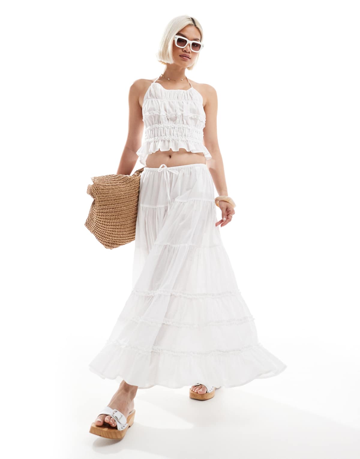 Stradivarius ruffled long skirt in ecru
