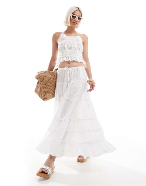 Stradivarius ruffled long skirt in ecru