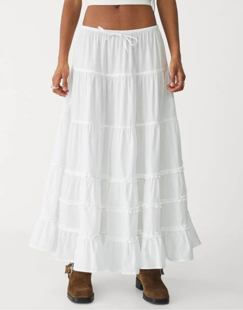 Stradivarius Ruffled long skirt in white