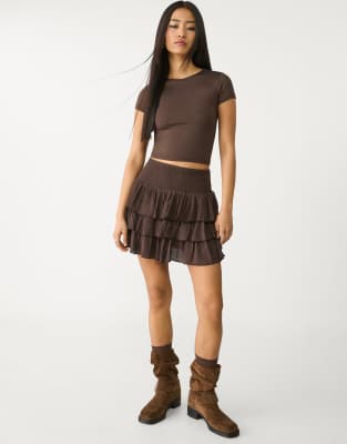 Stradivarius ruffled mini skirt in brown - view 1