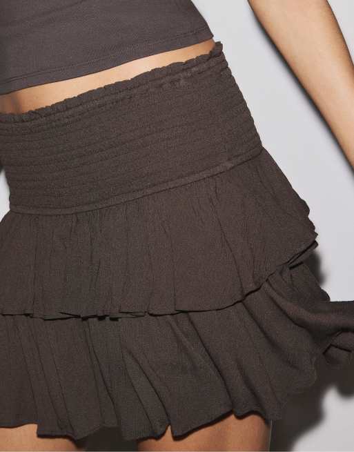Stradivarius Ruffled mini skort in brown, 2 of 4