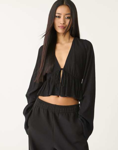 Stradivarius ruffled shirt with tie detail in black - view 1