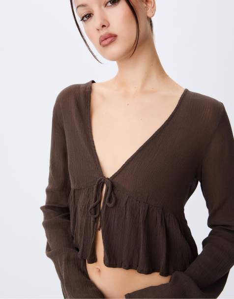 Stradivarius Ruffled shirt with tie detail in brown