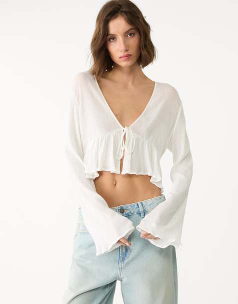 Stradivarius ruffled shirt with tie detail in ecru - view 1