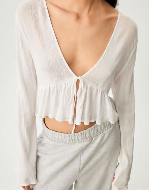 Stradivarius Ruffled shirt with tie detail in ecru