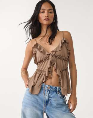 Stradivarius ruffled strappy top in brown - view 1