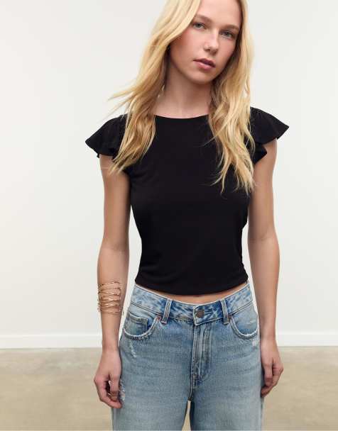 Stradivarius Ruffled top with open back in black