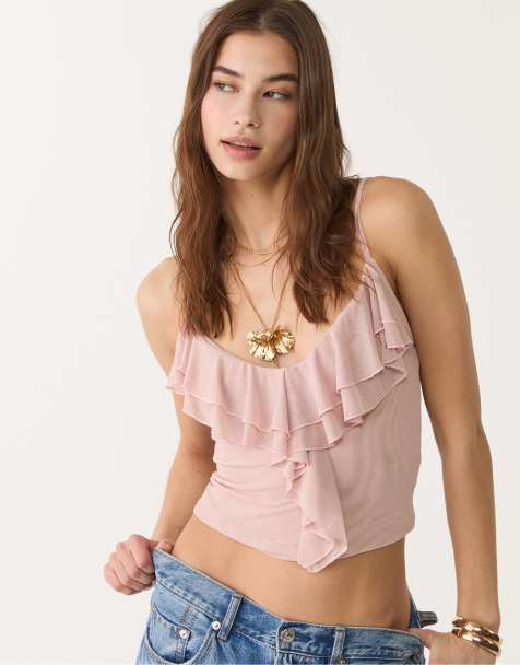 Stradivarius ruffled tulle top in pastel pink - view 1