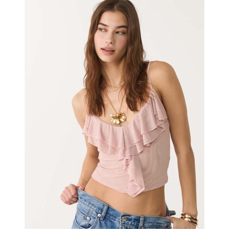 Stradivarius ruffled tulle top in pastel pink | ASOS