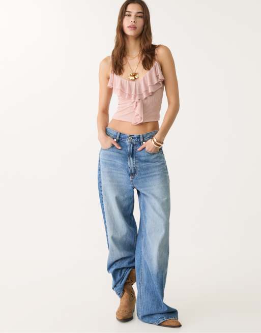 Stradivarius ruffled tulle top in pastel pink, 2 of 4