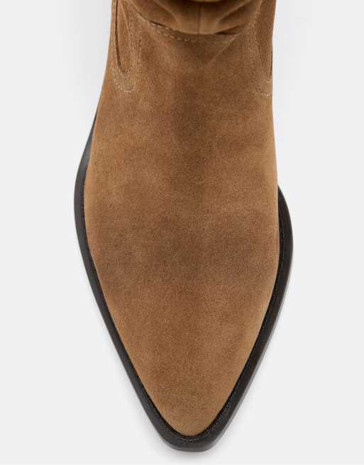 Stradivarius - Ruimvallende leren cowboy enkellaarzen in beige, 2 van 4