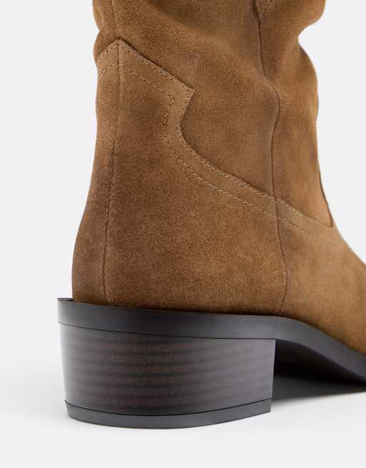 Stradivarius - Ruimvallende leren cowboy enkellaarzen in beige, 4 van 4