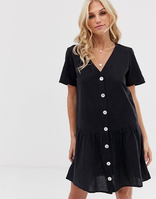 Stradivarius rustic dress with natural buttons in black