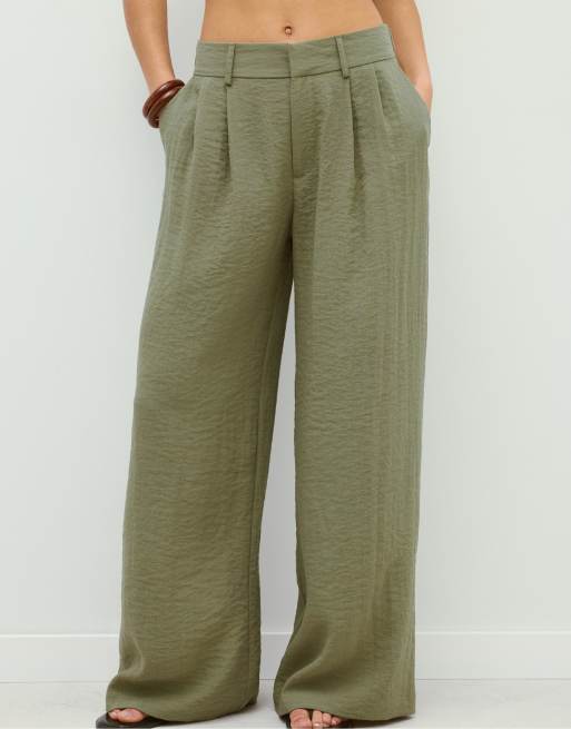 Stradivarius – Rustic – Hose in Khaki mit weitem Bein und verstellbaren Knöpfen, 2 von 4