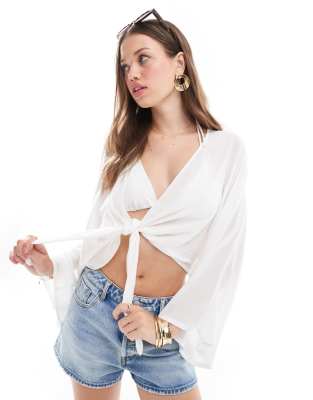 Stradivarius Stradivarius rustic kimono top in natural-Neutral