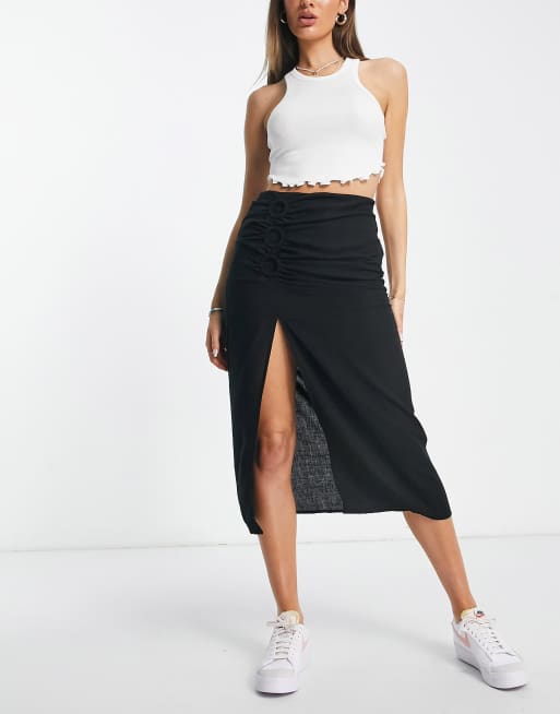 Stradivarius - Rustic - Midi rok met ringdetail in zwart , 4 van 4