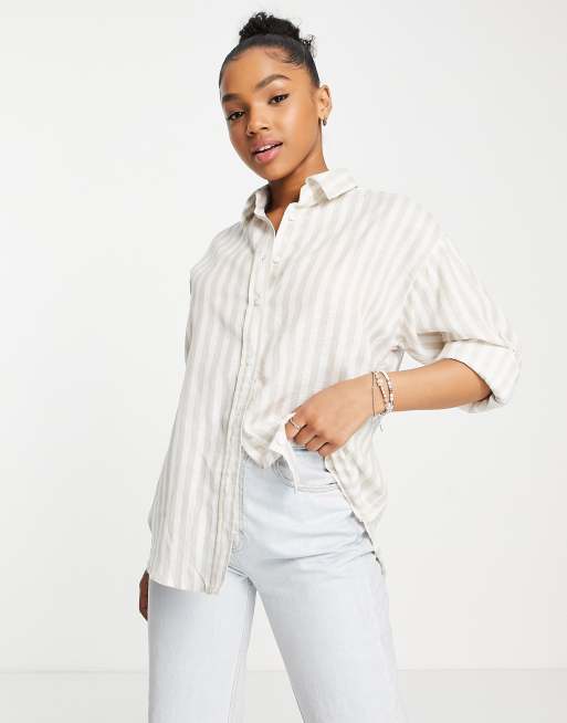 Stradivarius rustic oversized shirt in ecru stripe