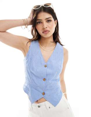 Shop Stradivarius rustic pinstripe waistcoat in blue Online – Trendy & Affordable Fashion