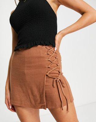 Stradivarius rustic skort with lace up detail in chocolate