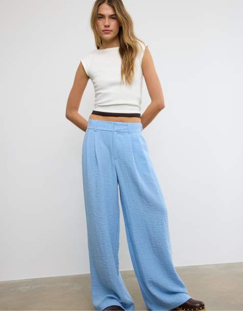 Stradivarius Rustic wide-leg trousers with adjustable buttons in blue