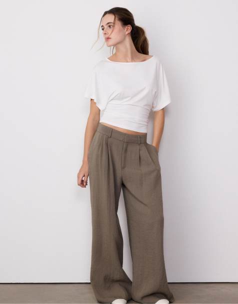 Stradivarius Rustic wide-leg trousers with adjustable buttons in brown - view 1