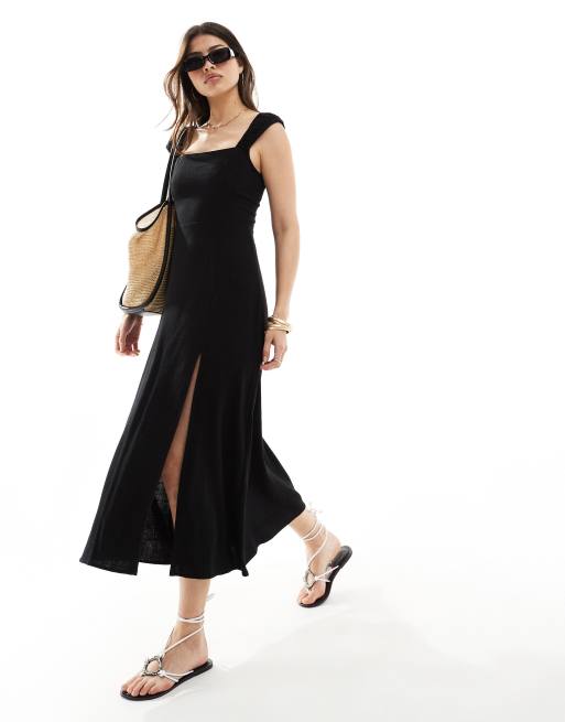 Stradivarius - Rustieke jurk met split en veters in zwart