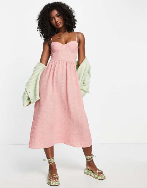 Stradivarius – Rustikales Leinenkleid in Rosa