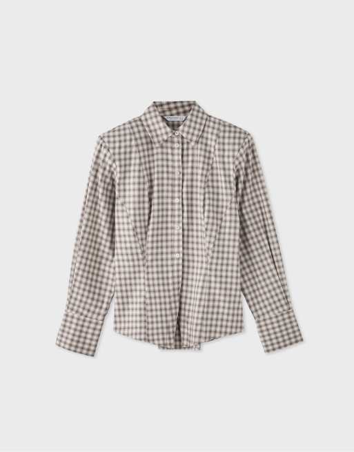 Stradivarius rutig skjorta med vadderade axlar i beige, 6 av 7
