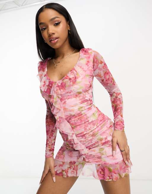 Stradivarius - Rynket minikjole med blomsterprint i mesh , 2 af 4
