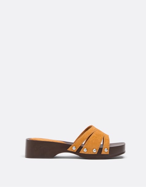 Stradivarius - Sabots plats en cuir - Ocre - view 1