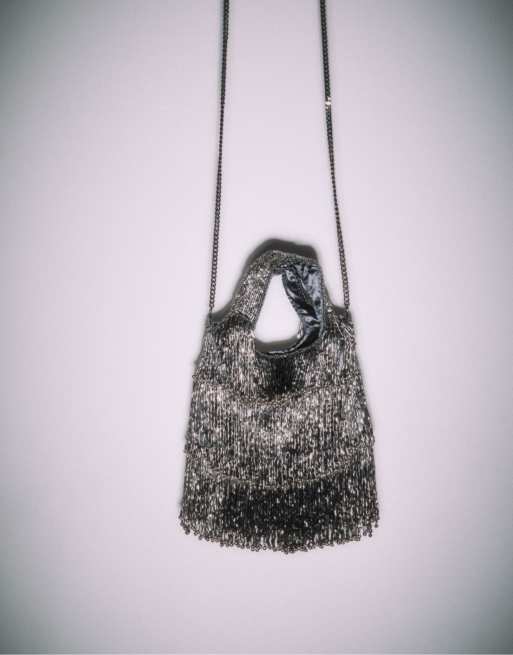 Sac à Main De Soirée Satin Noir à Franges Et Perles - Bandoulière 96cm - Occasion
