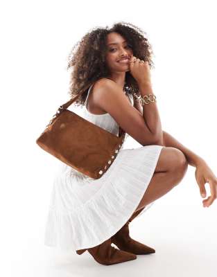 Stradivarius - Sac baguette clouté en imitation daim - Marron-Neutre