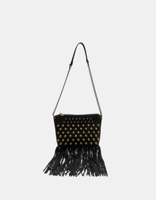 Stradivarius - Sac bandoulière à franges et clous - Noir