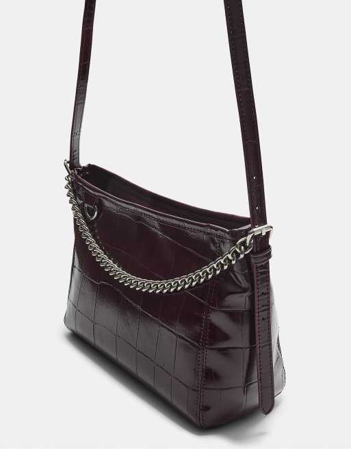 Stradivarius - Sac bandoulière effet croco à détail chaîne - Bordeaux, 3 de 4