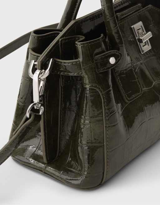 Stradivarius sac cabas bandoulière en daim à fermoir kaki, 4 de 4