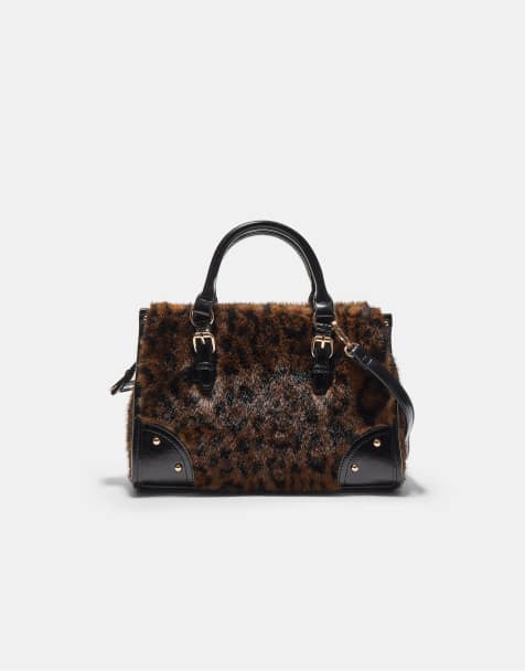 Stradivarius - Sac cabas bandoulière en fausse fourrure à imprimé léopard - Marron - view 1