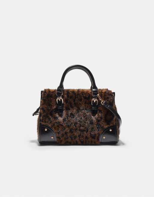 Stradivarius - Sac cabas bandoulière en fausse fourrure à imprimé léopard - Marron