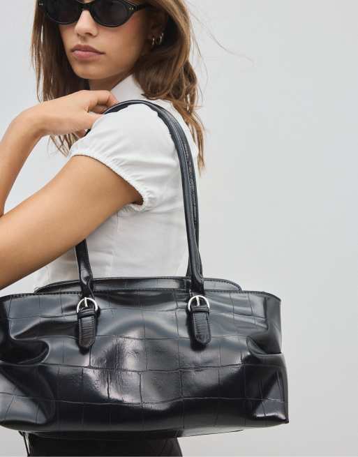 Stradivarius sac city effet croco avec boucles noir, 3 de 4