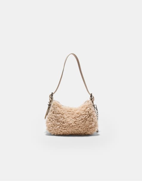 Stradivarius - Sac croissant de lune porté épaule en fausse fourrure avec chaîne - Écru - view 1