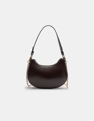 Stradivarius - Sac demi-lune porté épaule avec chaîne - Marron-Brown