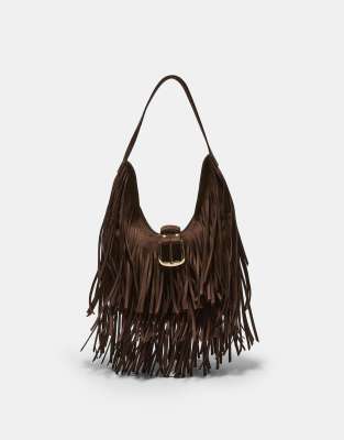 Stradivarius - Sac porté épaule à franges et boucle - Marron-Brown