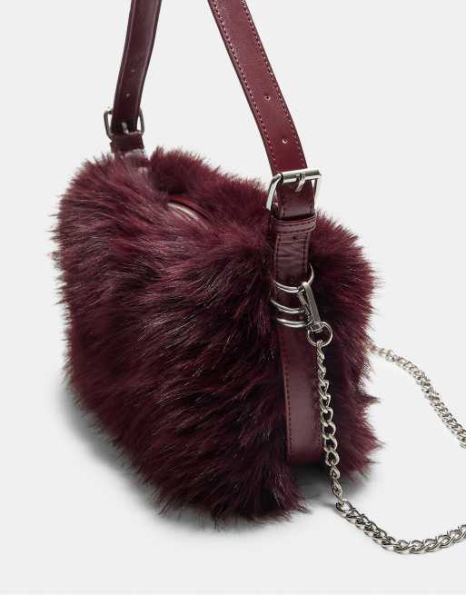 Stradivarius - Sac porté épaule en fausse fourrure - Bordeaux, 4 de 4