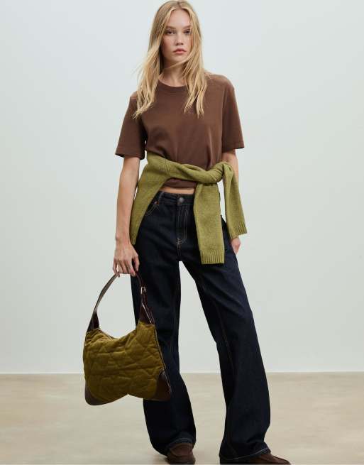 Stradivarius - Sac porté épaule en velours côtelé avec détails contrastants - Vert olive, 2 de 4