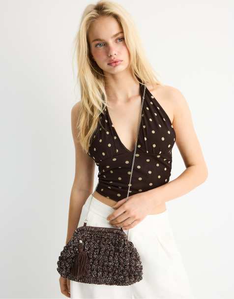 Stradivarius - Sac seau au crochet avec fils métallisés - Marron - view 1